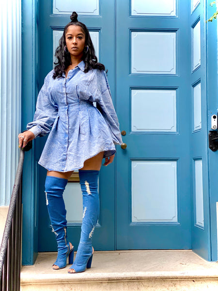 Denim dress with thigh hotsell high boots